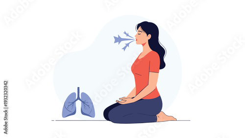Healthy woman sitting in meditation pose practicing deep breathing exercises for lung health and respiratory system wellness.