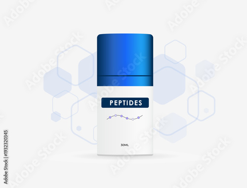 Peptide cosmetic serum bottle mockup. Skincare container with molecular structure background, anti aging biotechnology product packaging design, peptides pharmaceutical branding, vector illustration