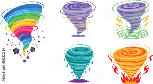 Colorful tornado and whirlwind icons set illustrating storm, wind, rain, lightning, and fire elements representing extreme weather conditions, natural disasters, and dynamic climate forces in motion
