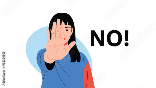 Strong woman making stop gesture with palm and saying no to express refusal and boundaries against unwanted actions or harassment.