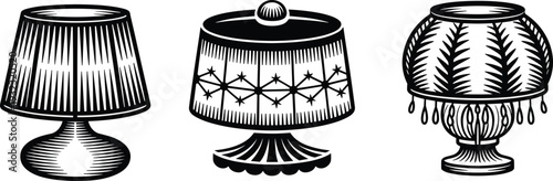 Vintage table lamp engraving collection classic decorative lighting set black and white vector illustration isolated on white background