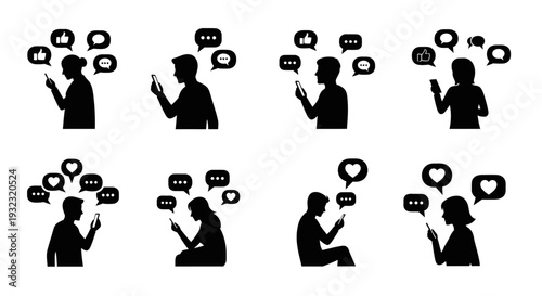 A collection of eight black silhouettes depicting people interacting with phones complete with social media icons on transparent background