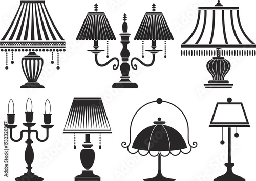 Vintage lamp silhouette collection classic decorative table and chandelier lighting set black vector illustration isolated on white background