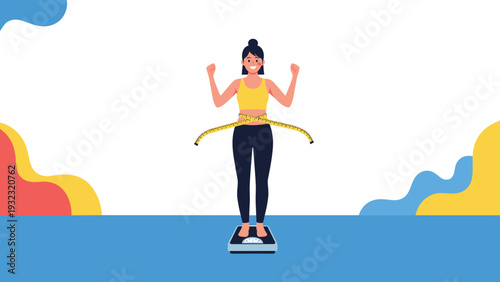Happy woman standing on weight scales with measuring tape around her waist celebrating weight loss and healthy lifestyle achievement.