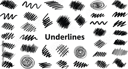 Hand drawn underlines and scribbles collection with messy ink strokes and highlighter marks for cad drawing flat vector illustration design,