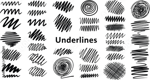 Hand drawn underlines and scribbles collection with messy ink strokes and highlighter marks for cad drawing flat vector illustration design,