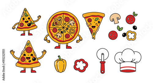 A charming collection of cartoon pizza slices toppings and chef accessories on transparent background silhouette high quality professional detailed