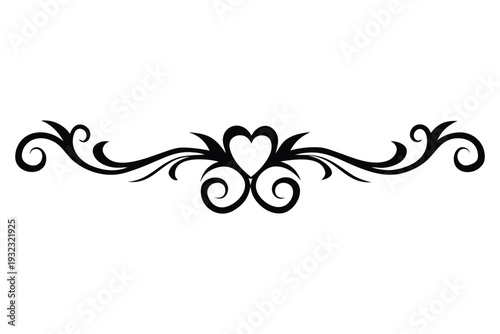 Black ornate decorative heart with symmetrical scrollwork on white background