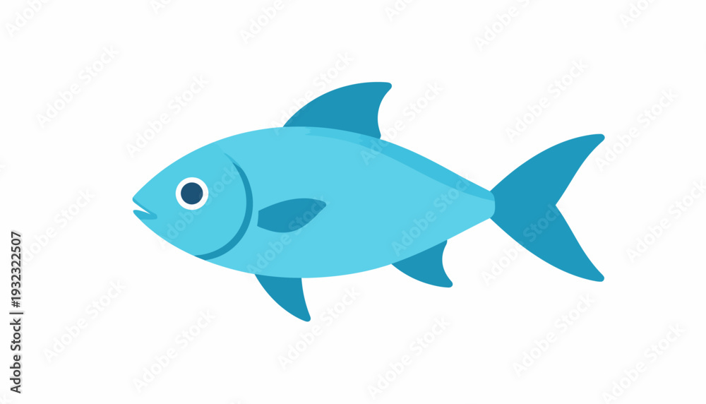 Fototapeta premium Simple blue cartoon fish illustration swimming sideways on a white background.