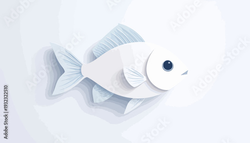 A minimalist illustration of a white fish with light blue fins and tail, swimming to the right on a light background.