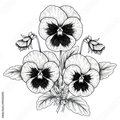 Pansy Flowers Botanical Illustration Hand Drawn Ink Black and White
