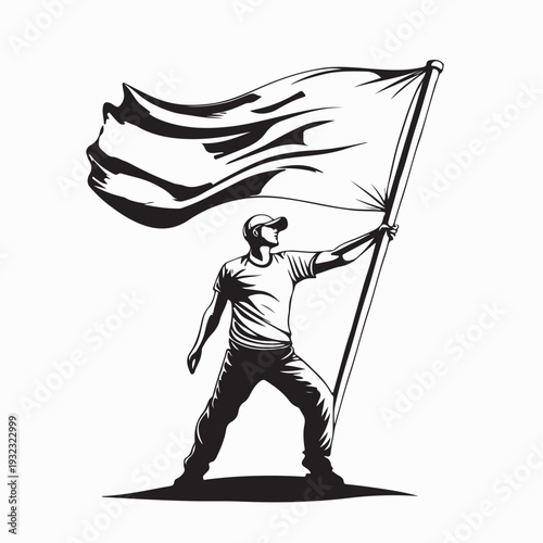 Brave Young Man Holding Large Flag Emblem Vector Illustration