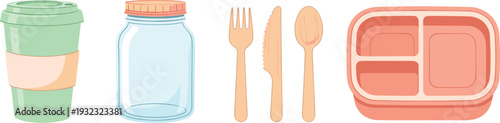 Reusable Eco Friendly Food Containers Set with Coffee Cup Glass Jar Wooden Cutlery and Lunch Box Vector Illustration Isolated on White Background