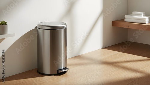 An empty trash bin positioned neatly in a modern corner, highlighting a clean living concept with natural light and minimalist design