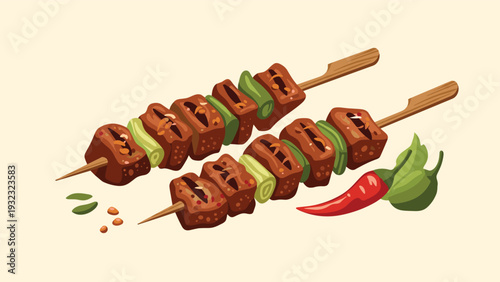 Two delicious grilled beef skewers with green peppers and a red chili pepper on the side in a warm vector illustration.