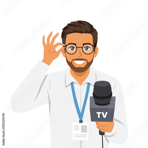 Professional TV Reporter Holding Microphone and Adjusting Glasses. Flat Vector character illustration