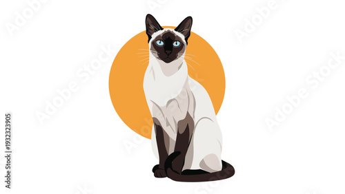 Elegant Siamese cat sitting in front of a large orange circular shape on a white background in a vector art style.