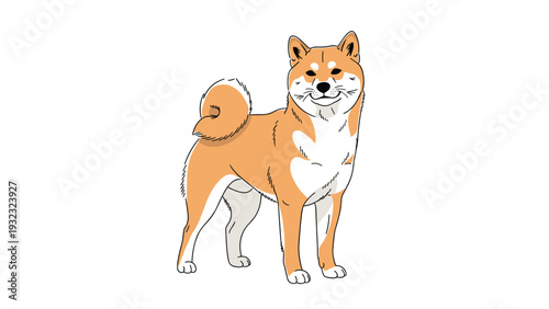 Shiba Inu dog standing and looking forward in a clean vector illustration featuring the characteristic curly tail.
