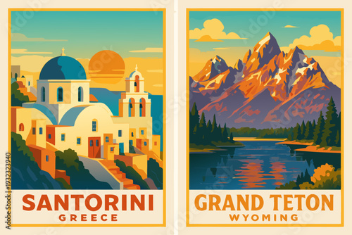 A vibrant vector graphic illustration of travel posters for Santorini and Grand Teton
