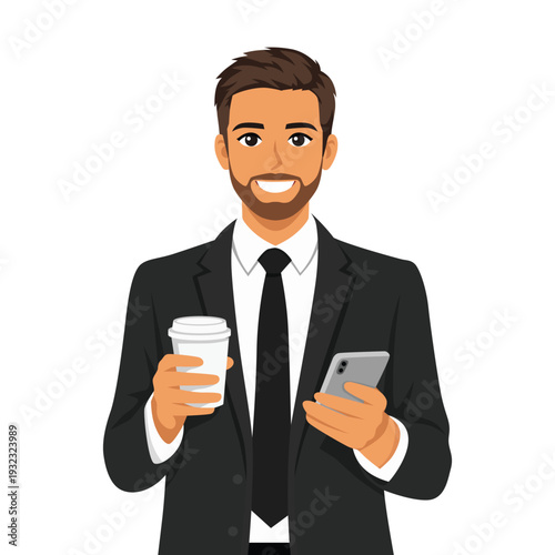 Smiling Businessman in Formal Suit Holding Coffee and Smartphone. Flat Vector character illustration