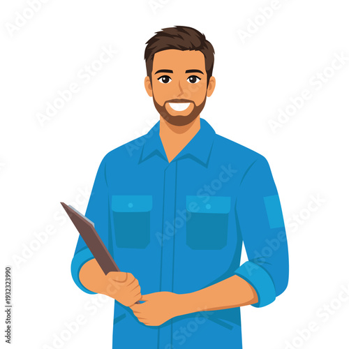 Professional Field Engineer Holding Clipboard in Work Uniform. Flat Vector character illustration