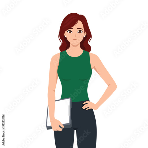 Confident Female Trainer Holding Clipboard. Professional Coach. Flat Vector character illustration