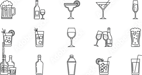 Alcohol drinks icon set, beer wine cocktail champagne vector illustration collection isolated on white background bar menu