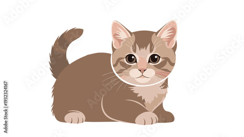 Small brown kitten with tabby stripes lying down and staring intently at the viewer in a realistic and detailed cartoon style.