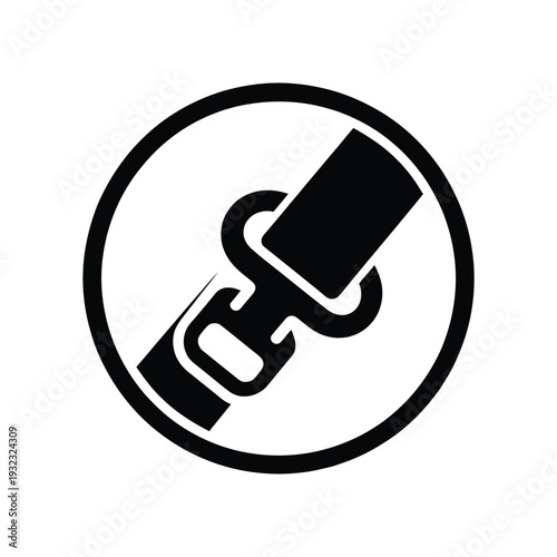 Black and white icon depicting a seatbelt buckle within a circular frame