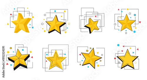 A collection of golden stars with geometric shapes and colorful accents on transparent background silhouette high quality professional detailed