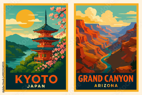 A vibrant vector graphic illustration of travel posters for Kyoto and Grand Canyon