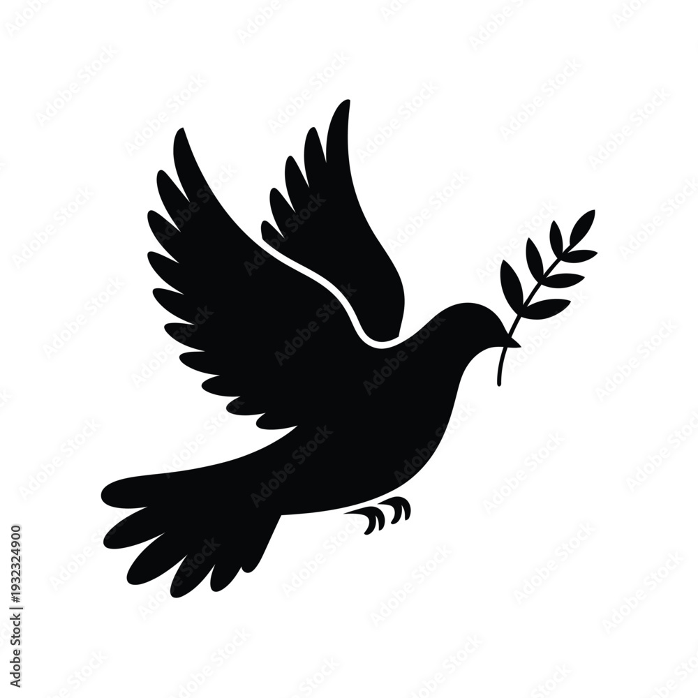 Fototapeta premium A black silhouette of a dove carrying an olive branch in flight