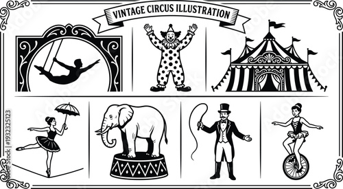 Vintage Circus Illustration Set, Clown, Elephant, Acrobat, Ringmaster and Big Top Tent, Retro Carnival Show Poster Design Isolated on White