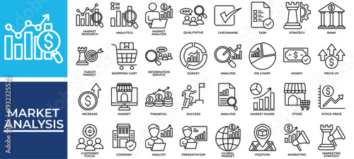 Market Analysis icon set collection. Containing invest, increase, review, share, profit, report, survey .Line vector icons collection