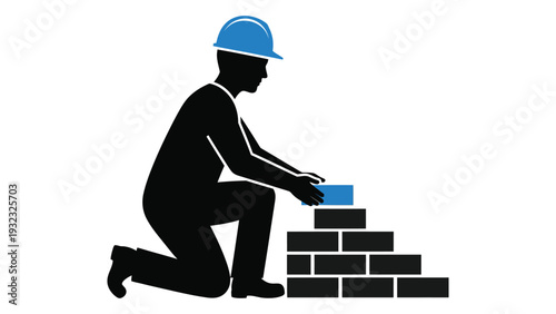 A man in a blue hard hat is building a brick wall isolated on white background, Vector