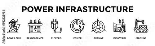 Power Infrastructure Banner Web Icon Set Collection Pack Vector Illustration Concept For Power Grid, Transformer, Electric, Power, Turbine, Industrial, Machine