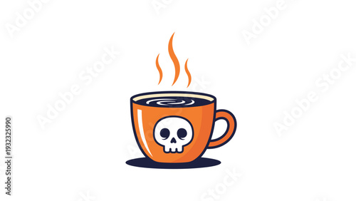 Orange mug filled with steaming dark liquid featuring a white skull symbol on the side in a spooky halloween illustration.