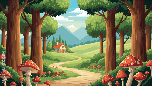 Peaceful forest landscape with a winding dirt path, tall trees, red fly agaric mushrooms, and a cozy house in the distance.