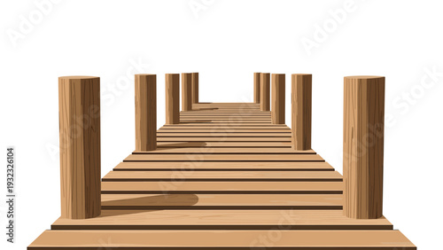 Long wooden pier with vertical posts stretching out over the water into a bright white horizon in a minimalist style.