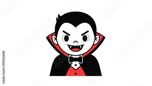Cute cartoon vampire character with a high collar black cape and red lining smiling for Halloween celebrations.