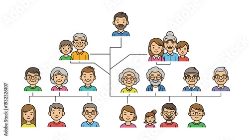 Extensive family tree chart showing three generations of relatives with diverse characters including grandparents, parents, and kids.