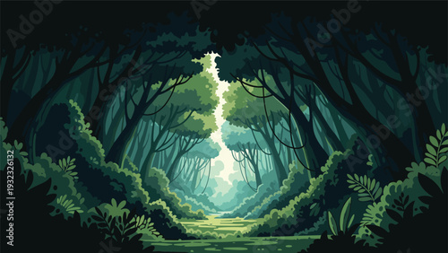 Dark and dense tropical jungle with thick green foliage and a bright light shining through the trees in the distance.