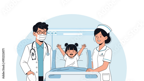 Friendly doctor and nurse standing by a happy young girl in a hospital bed for healthcare and pediatric medical themes.