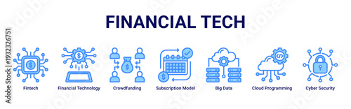 Financial Tech web banner icon vector highlighting digital finance,data-driven systems,cloud solutions,and secure financial innovation
