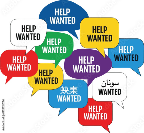 Multilingual Help Wanted Speech Bubbles Vector Illustration for Job Recruitment and Hiring Ads