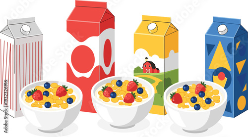 Healthy Breakfast Cereal Bowl Set with Oatmeal Cornflakes and Fresh Berries Including Strawberries and Blueberries for Nutrition Healthy Eating and Cafe Menu