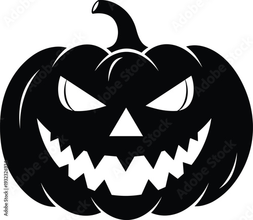 Black and white vector illustration of carved Halloween pumpkin jack-o'-lantern with menacing face, sharp eyes, jagged grin and curved stem, perfect for spooky seasonal design projects