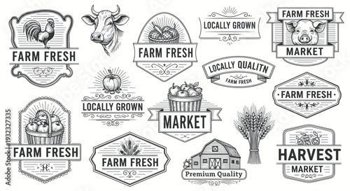 Farm Fresh Labels Collection: Rooster, Cow, Pig, Barn, Produce, Wheat