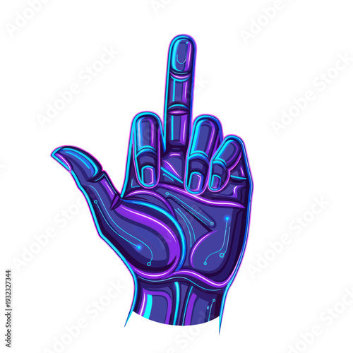 Futuristic Robot Hand Showing Middle Finger, Neon Cyberpunk Style