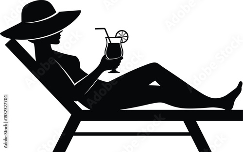 Black silhouette illustration of person reclining on lounge chair with cocktail, symbolizing vacation, leisure, summer relaxation, travel, beach lifestyle, and holiday enjoyment themes